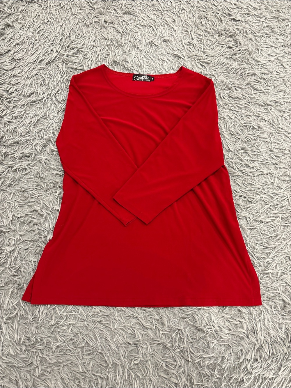 Sympli Jersey Knit Tunic Shirt Women’s 16 Red 3/4 Sleeves Minimalist Scoop Neck